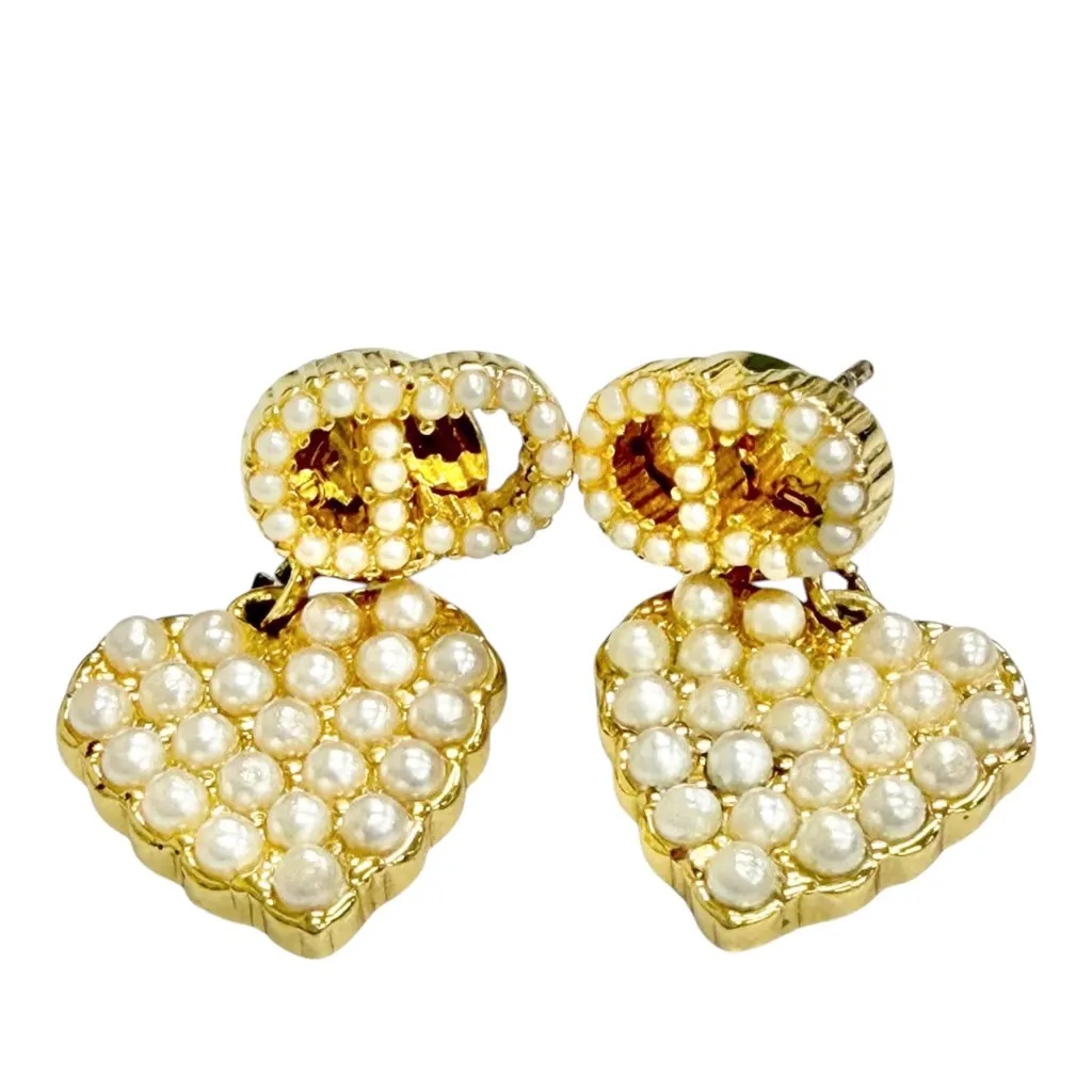 Dior Gold Plated Faux Pearl CD Logo Heart Drop Bullet Back Earrings Gold Metal Very good - Model View
