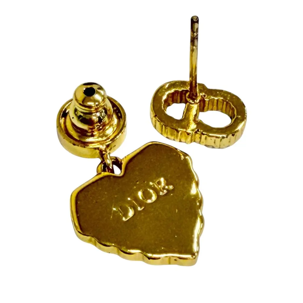 Dior Gold Plated Faux Pearl CD Logo Heart Drop Bullet Back Earrings Gold Metal Very good - Box View