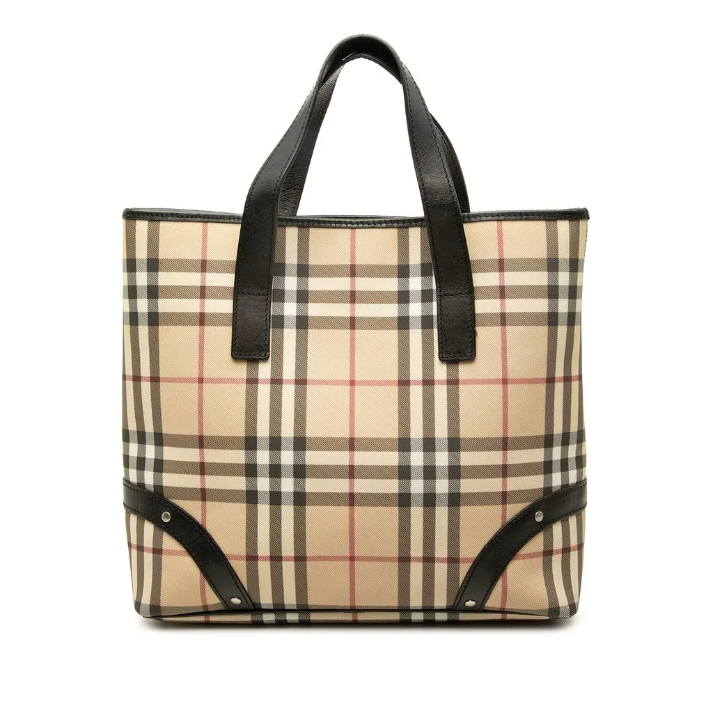 Burberry Studded Leather Trimmed House Check Canvas Tote Beige Canvas Very good - Front View