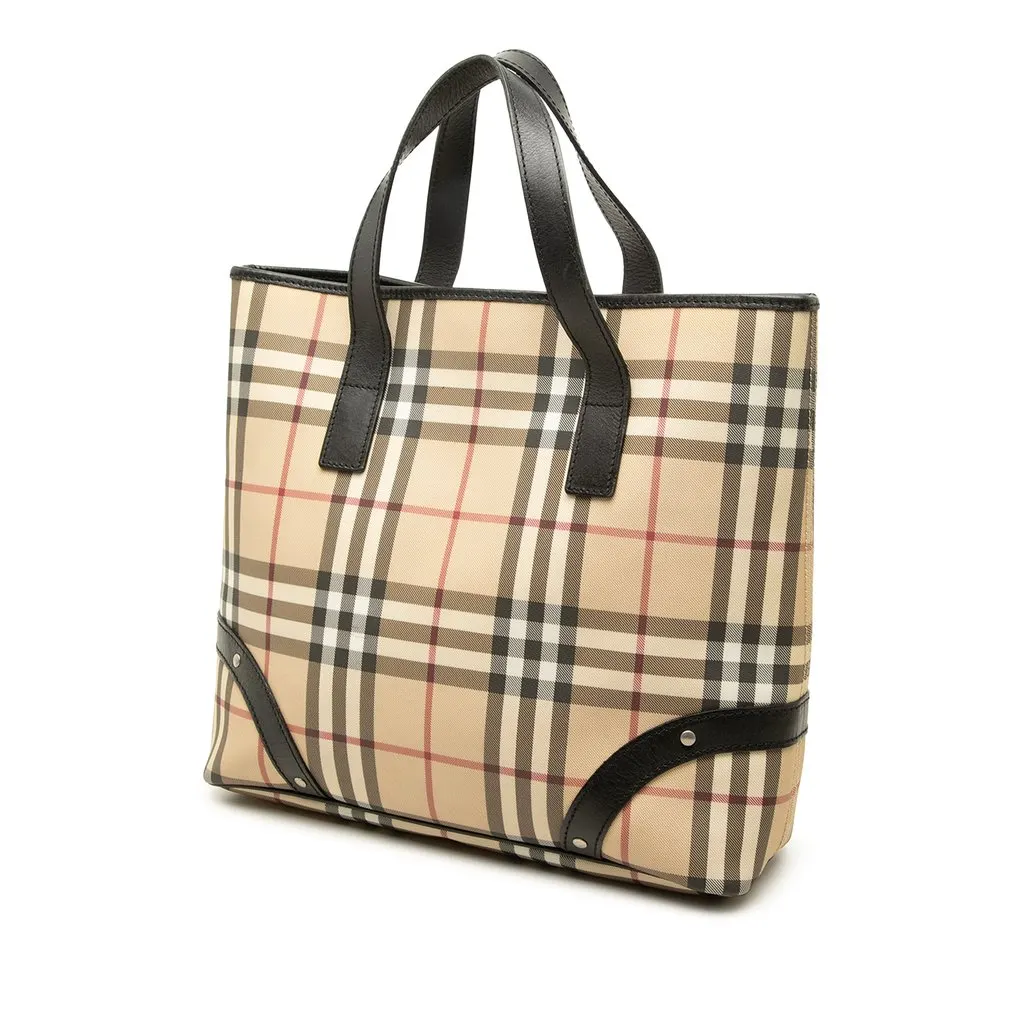 Burberry Studded Leather Trimmed House Check Canvas Tote Beige Canvas Very good - Back View
