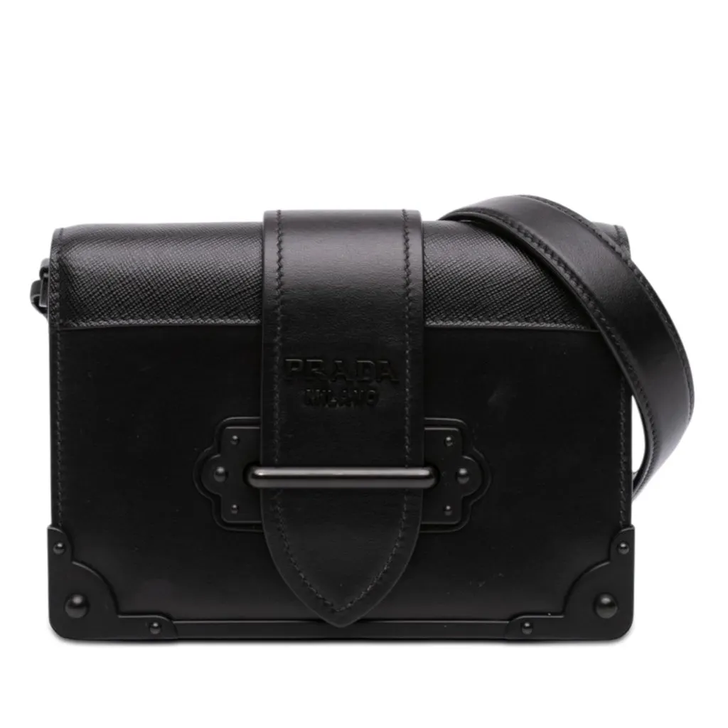 Prada Saffiano Trimmed City Calf Cahier Crossbody Black Leather Very good - Front View