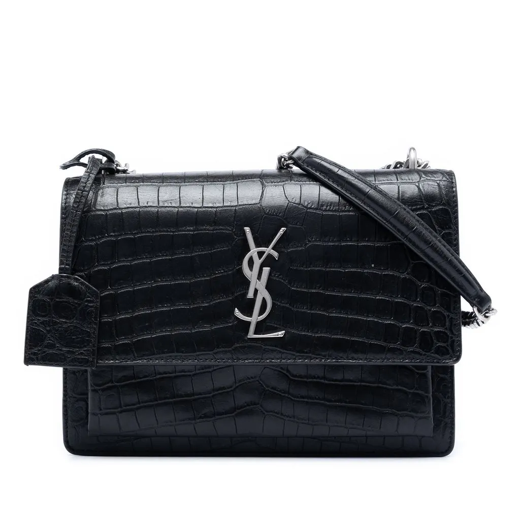 Saint Laurent Medium Croc Embossed Leather Monogram Sunset Crossbody Black Leather Very good - Front View