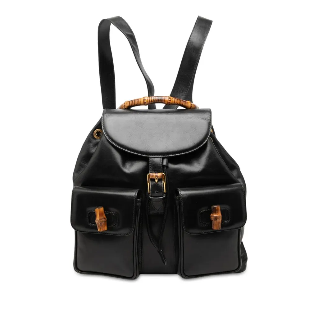 Gucci Large Calfskin Bamboo Drawstring Backpack Black Leather Very good - Front View