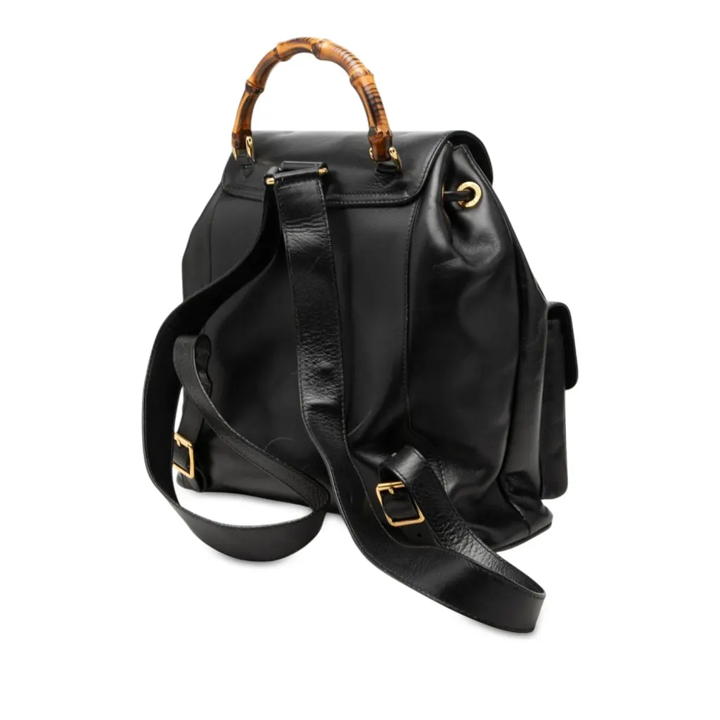 Gucci Large Calfskin Bamboo Drawstring Backpack Black Leather Very good - Back View