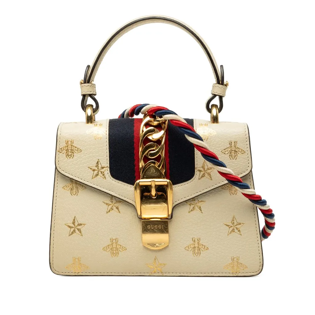 Gucci Mini Calfskin Bee Star Web Sylvie Top Handle Bag White Leather Good - Front View