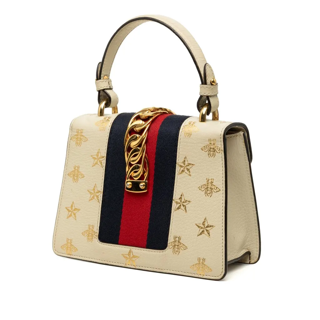 Gucci Mini Calfskin Bee Star Web Sylvie Top Handle Bag White Leather Good - Back View