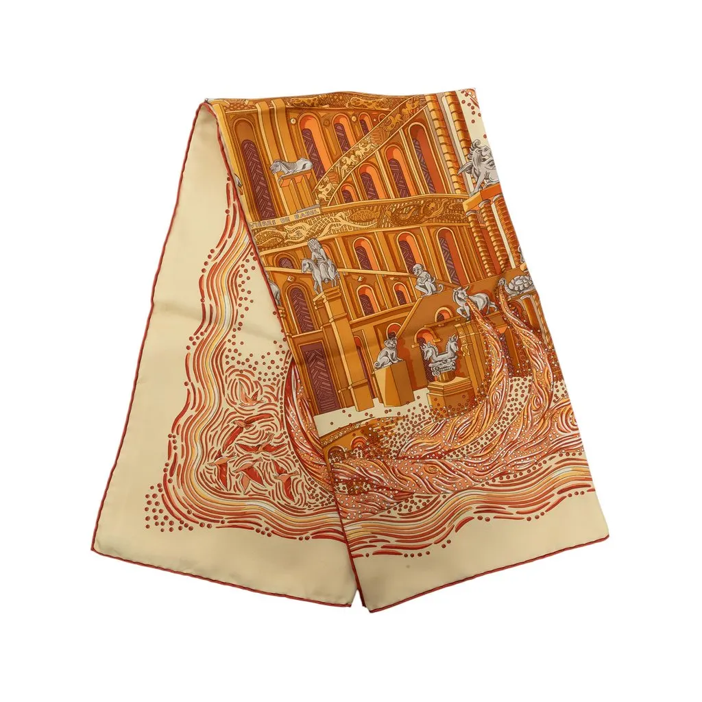 Hermès Les Rivieres De Babel Silk Scarf 90 Beige Silk Very good - Front View
