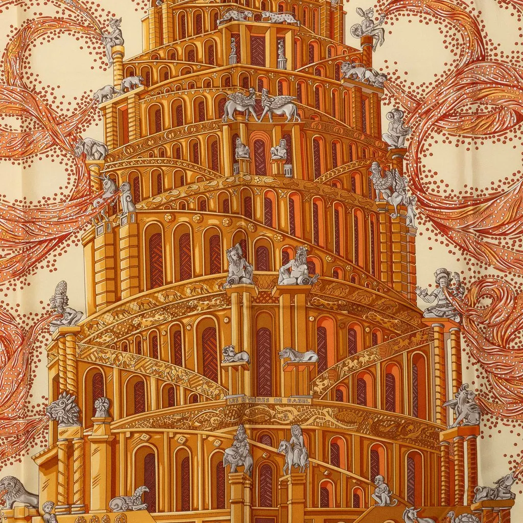 Hermès Les Rivieres De Babel Silk Scarf 90 Beige Silk Very good - Back View