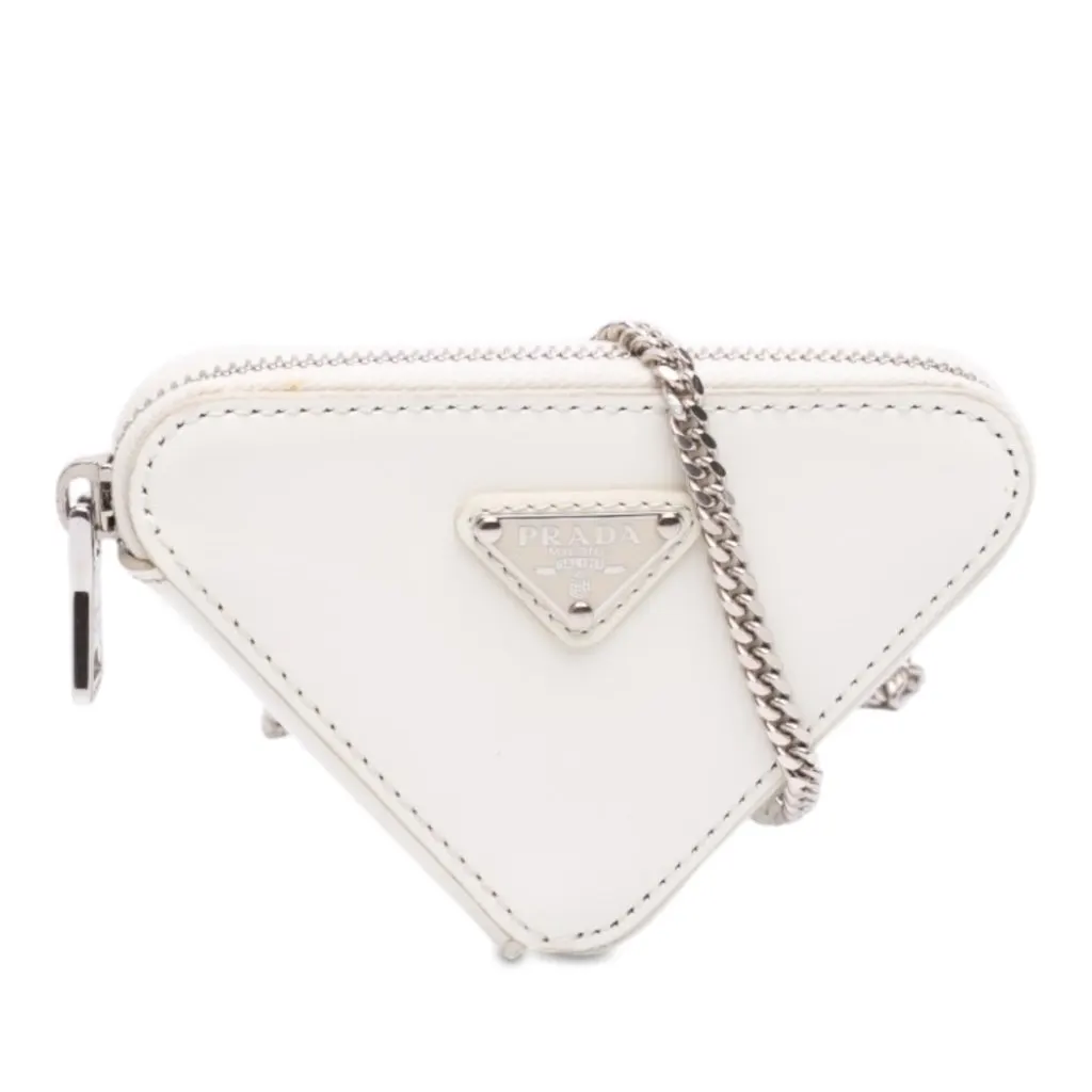 Prada Mini Brushed Leather Triangle Chain Pouch White Leather Very good - Front View