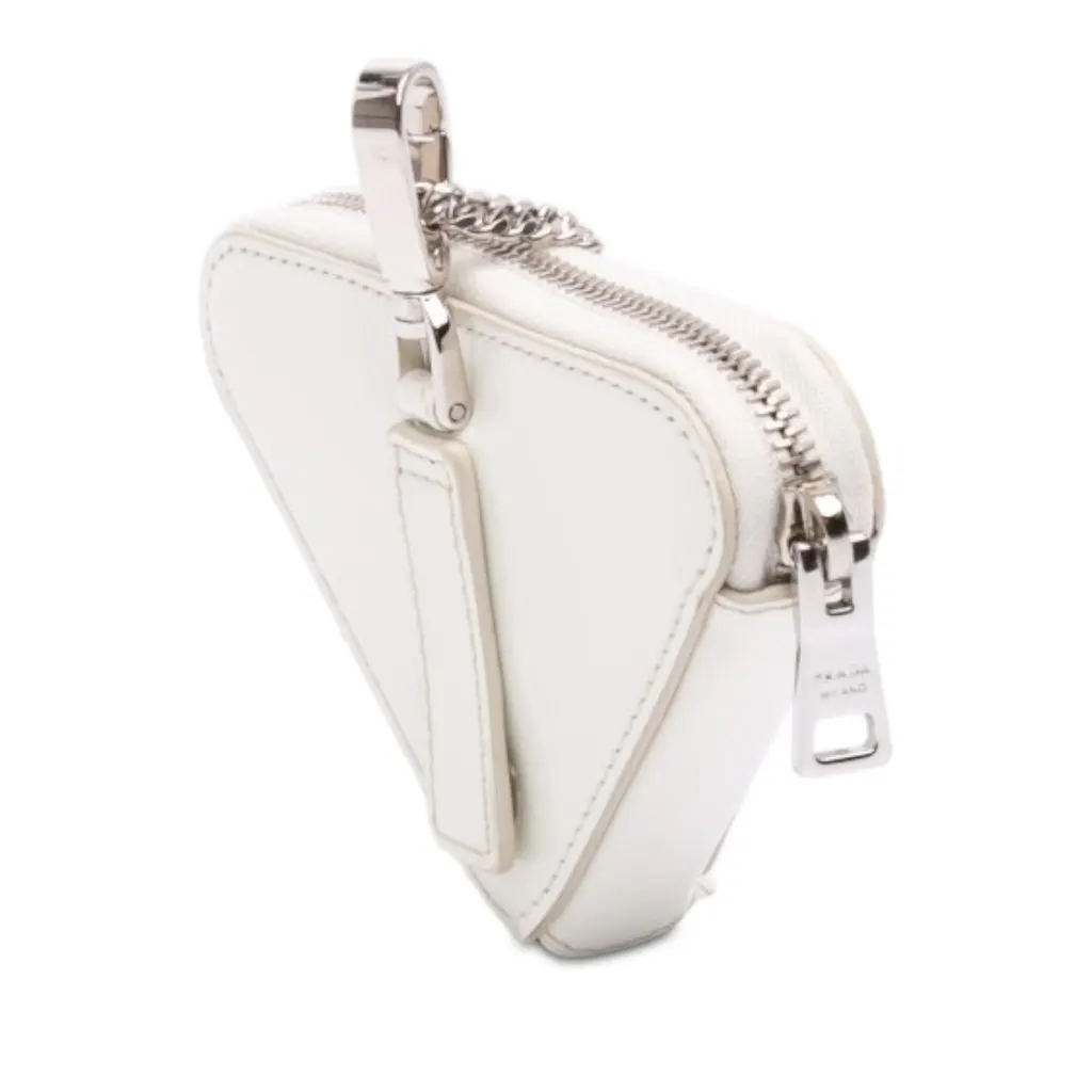 Prada Mini Brushed Leather Triangle Chain Pouch White Leather Very good - Back View