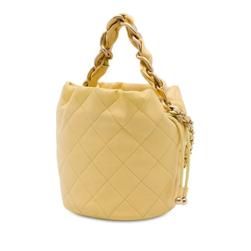 Chanel CC Quilted Lambskin Drawstring Bucket Bag Yellow Leather Very good - Back View