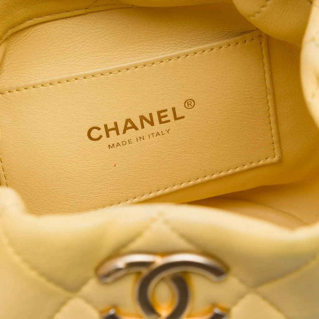 Chanel CC Quilted Lambskin Drawstring Bucket Bag Yellow Leather Very good - Box View