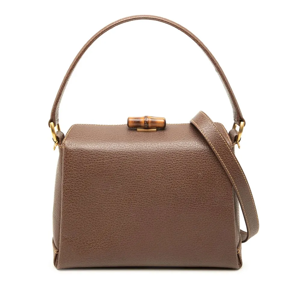 Gucci Grained Calfskin Bamboo Satchel Brown Leather Good - Front View