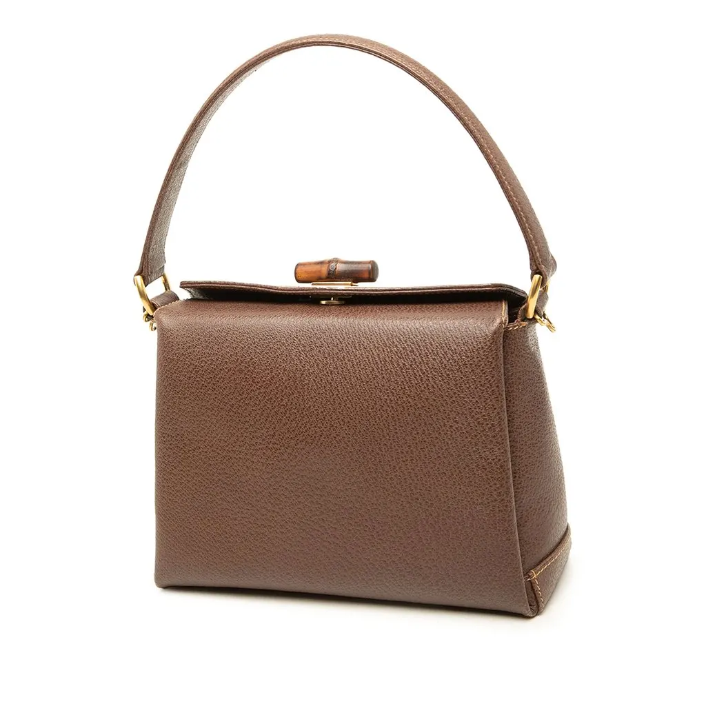 Gucci Grained Calfskin Bamboo Satchel Brown Leather Good - Back View