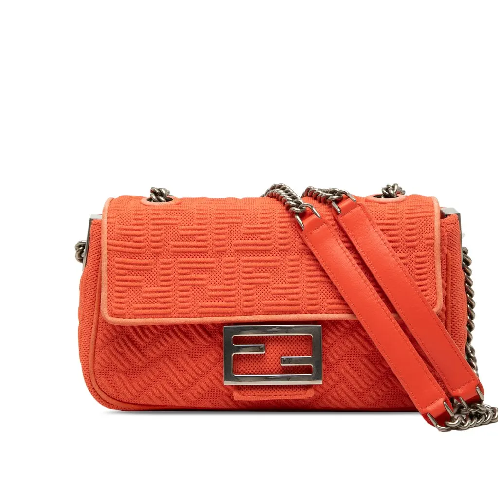 Fendi Zucca Embossed Technical Fabric Chain Midi Baguette Orange Very good - Front View