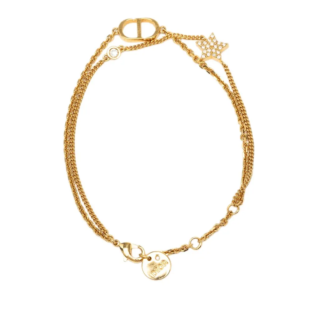 Dior Gold Plated and Strass Petit CD Logo Heart Charm Double Chain Bracelet Gold Metal Very good - Model View