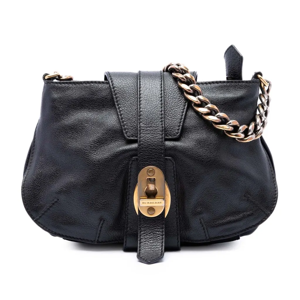 Burberry Small Grained Calfskin Holyoake Crossbody Black Leather Very good - Front View