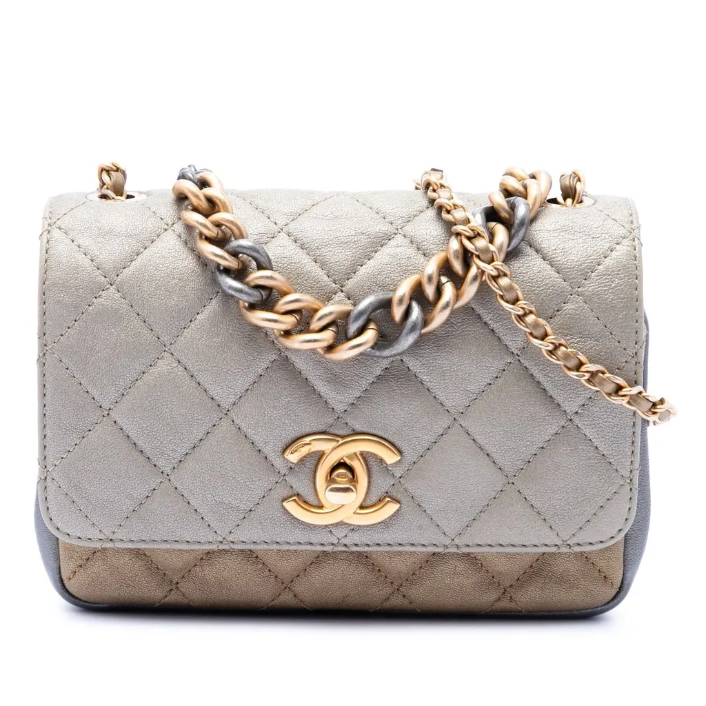 Chanel Small Tricolor Quilted Lambskin Camellia Flower Flap Gold Leather Good - Front View