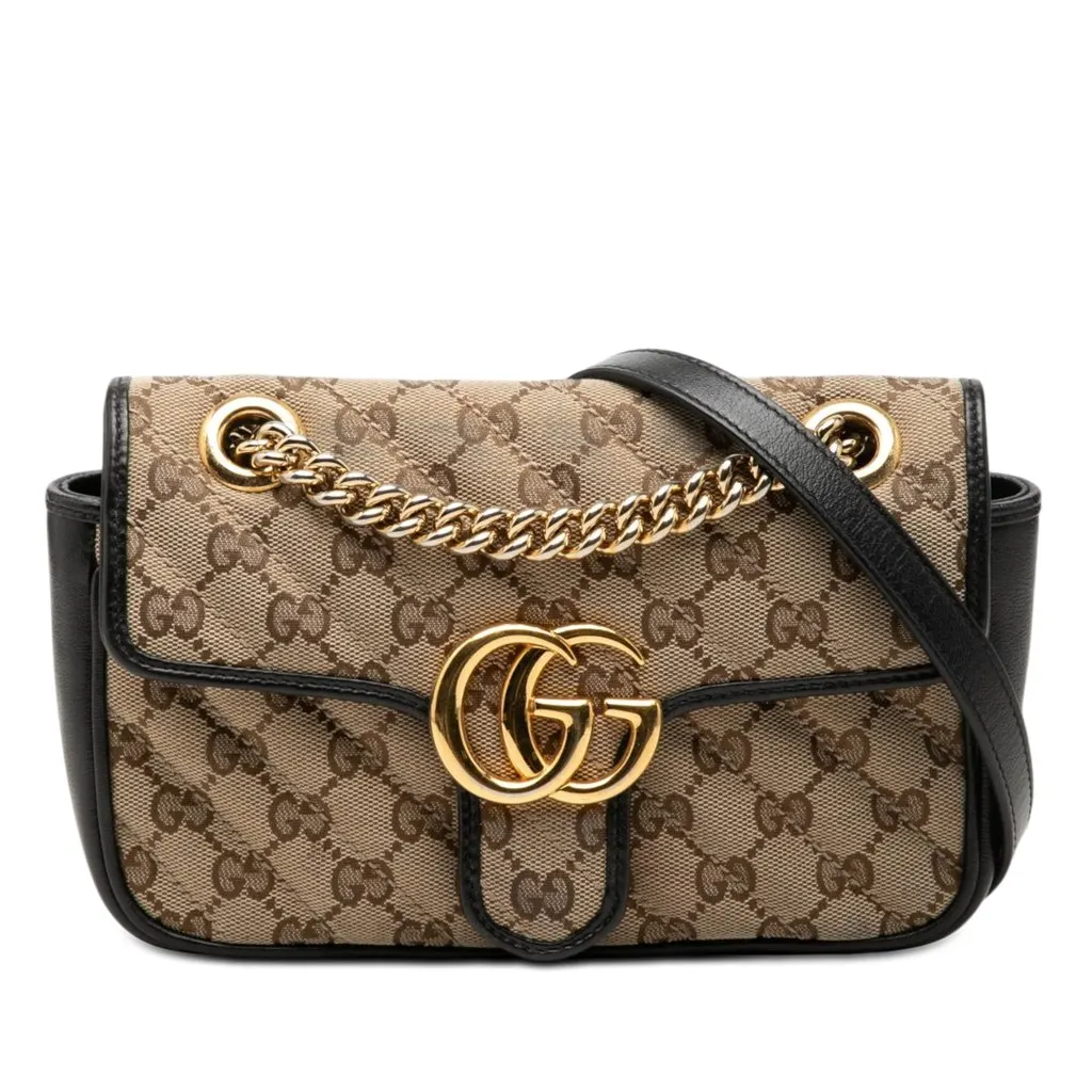 Gucci Small GG Marmont Matelasse Diagonal GG Canvas and Leather Shoulder Bag Beige Very good - Front View
