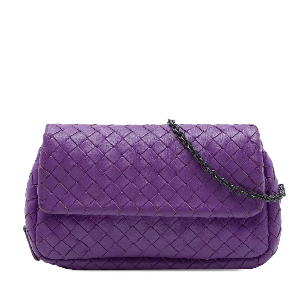 Bottega Veneta Mini Nappa Intrecciato Expandable Chain Flap Crossbody Purple Leather Very good - Front View