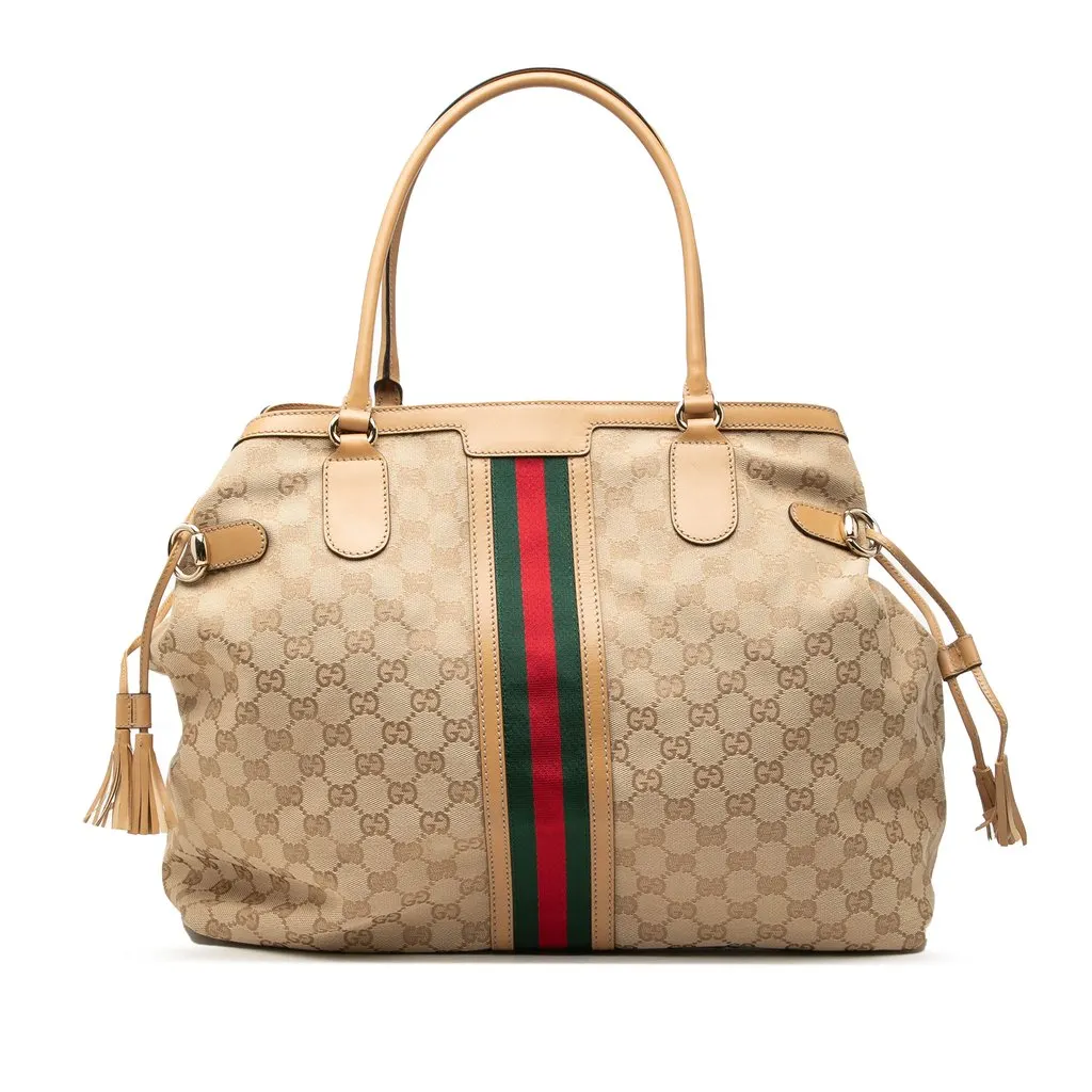 Gucci GG Canvas Web Tassel Tote Beige Very good - Front View