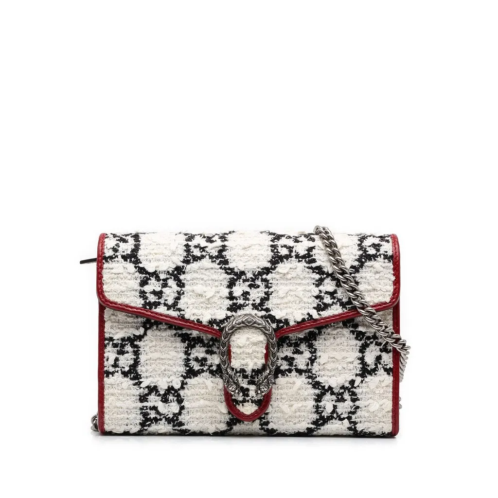 Gucci GG Tweed Dionysus Wallet on Chain White Tweed Good - Front View