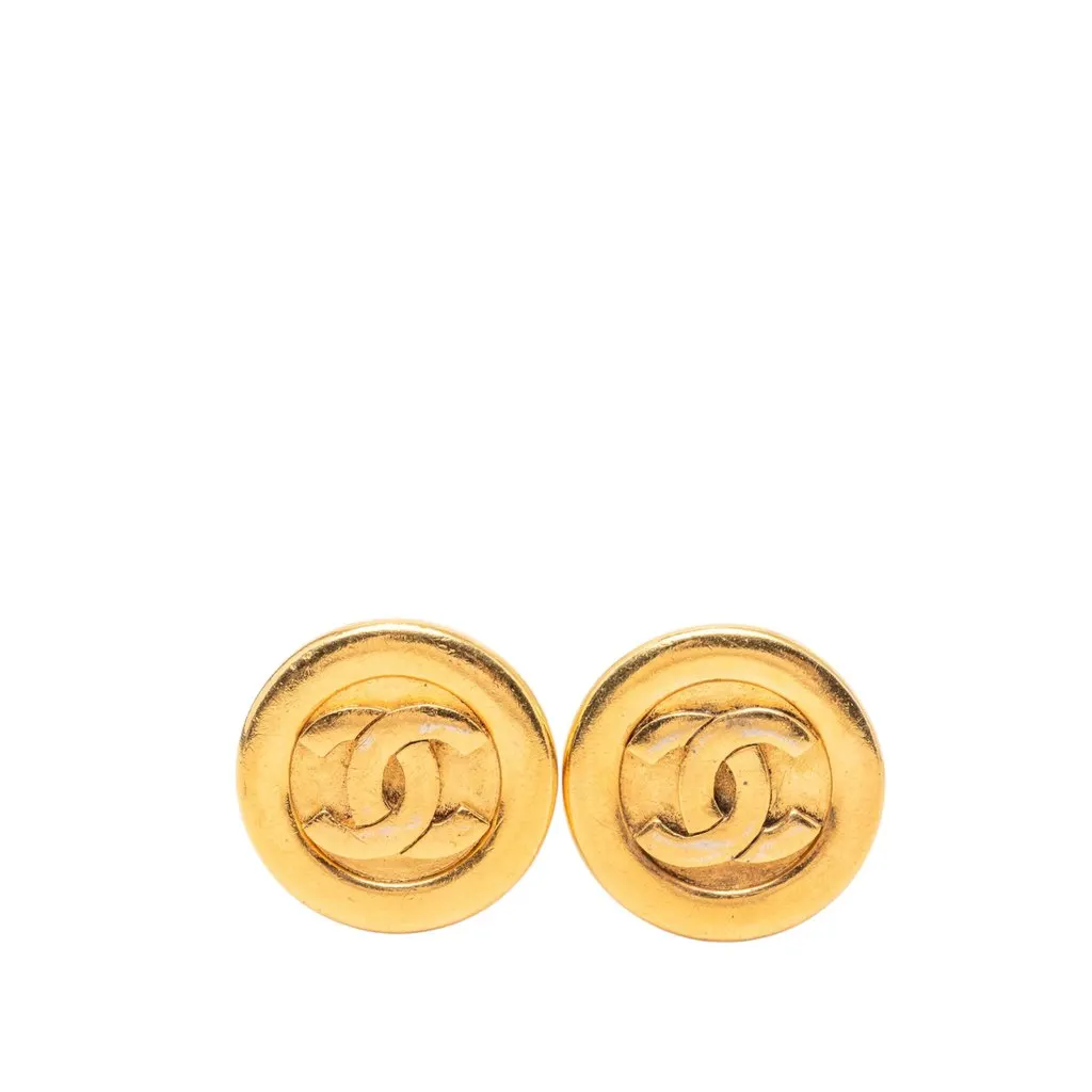Chanel CC Gold Plated Round Clip On Earrings Gold Metal Very good - Front View