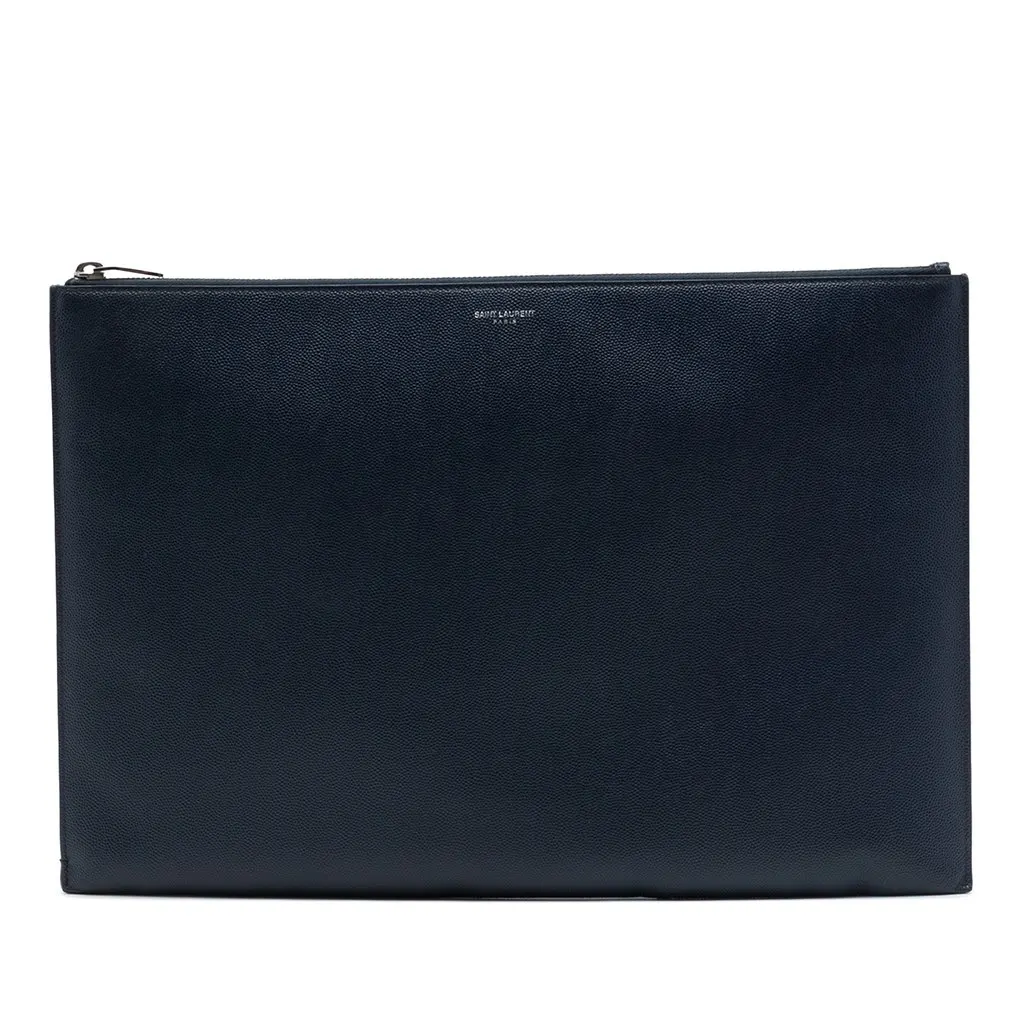 Saint Laurent Grain De Poudre Zipped Tablet Holder Blue Leather Very good - Front View