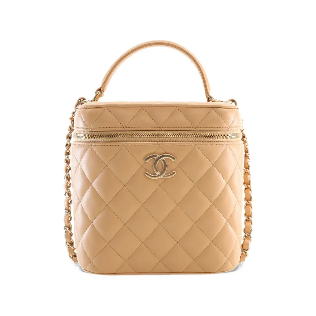 Chanel CC Quilted Lambskin Top Handle Vanity Case with Chain Beige Leather Very good - Front View