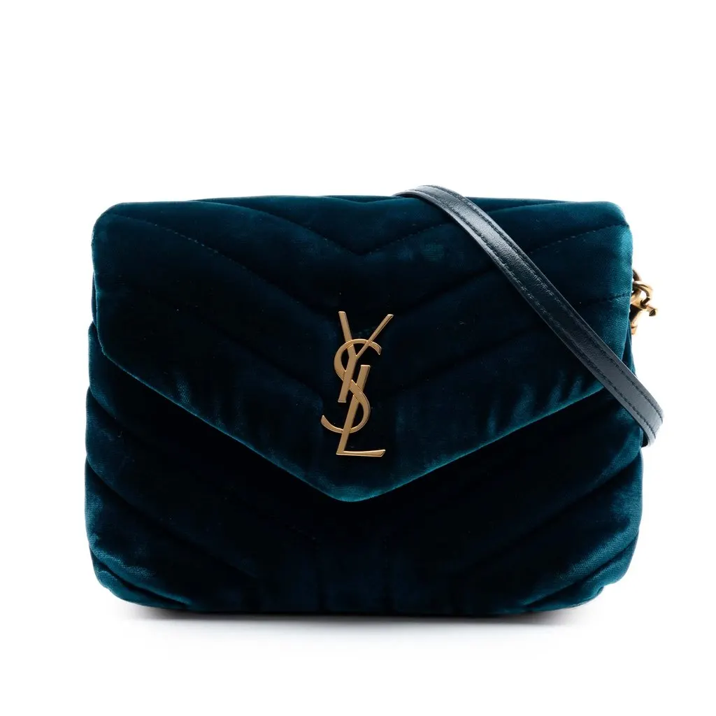 Saint Laurent Small Matelasse Velvet Monogram LouLou Shoulder Bag Blue Very good - Front View