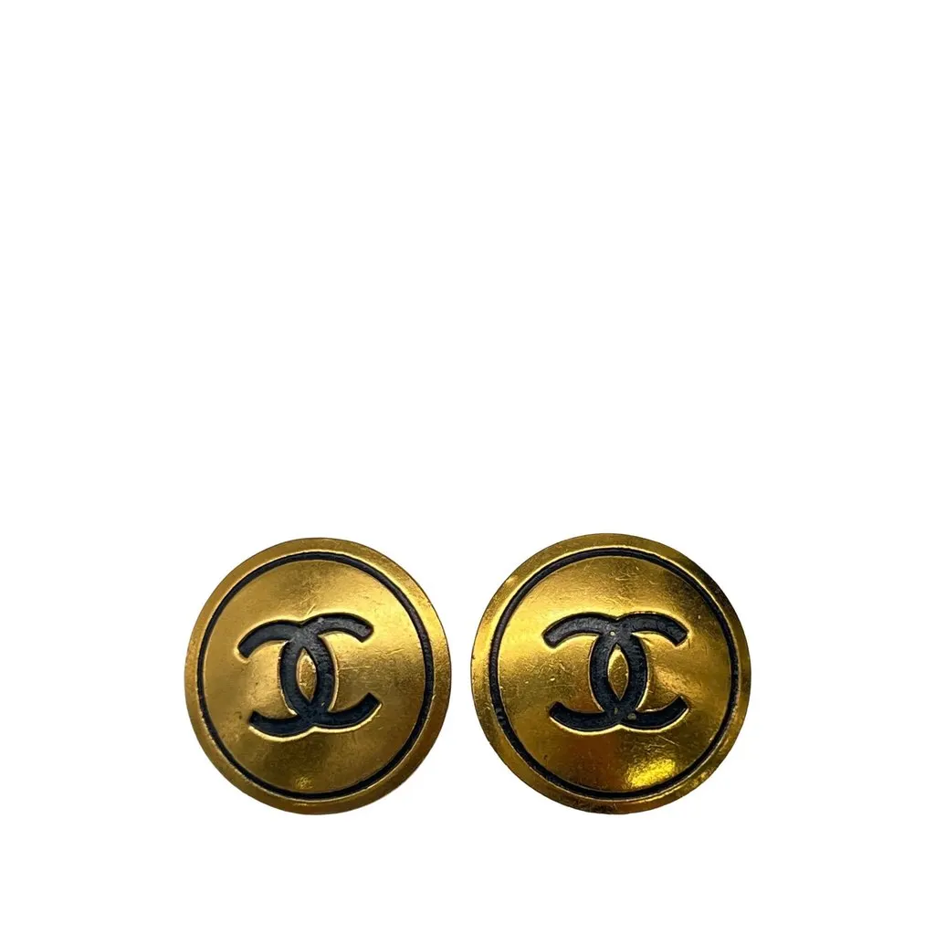 Chanel CC Gold Plated and Enamel Round Clip On Earrings Gold Metal Very good - Front View