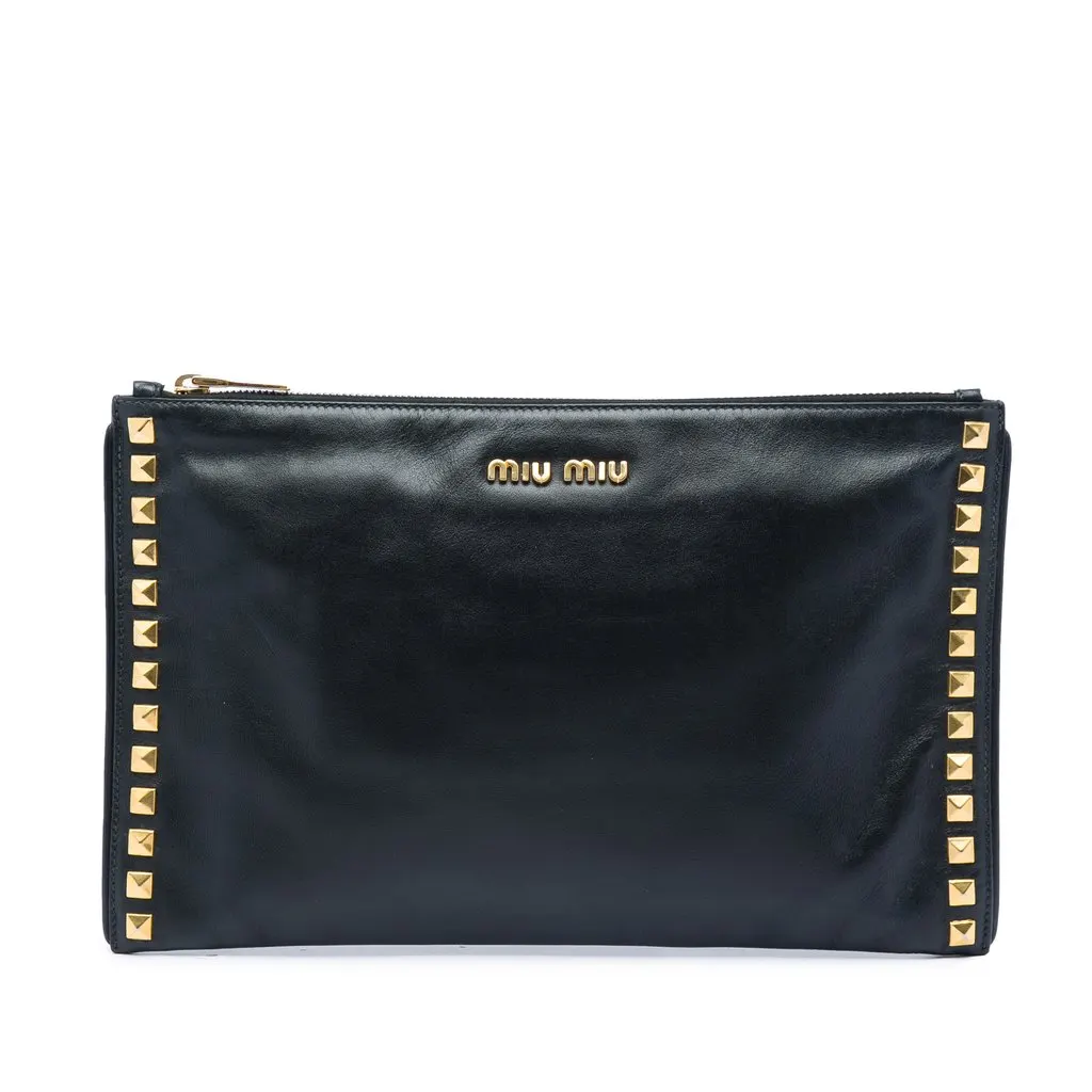 Miu Miu Studded Leather Zip Clutch Black Leather Very good - Front View
