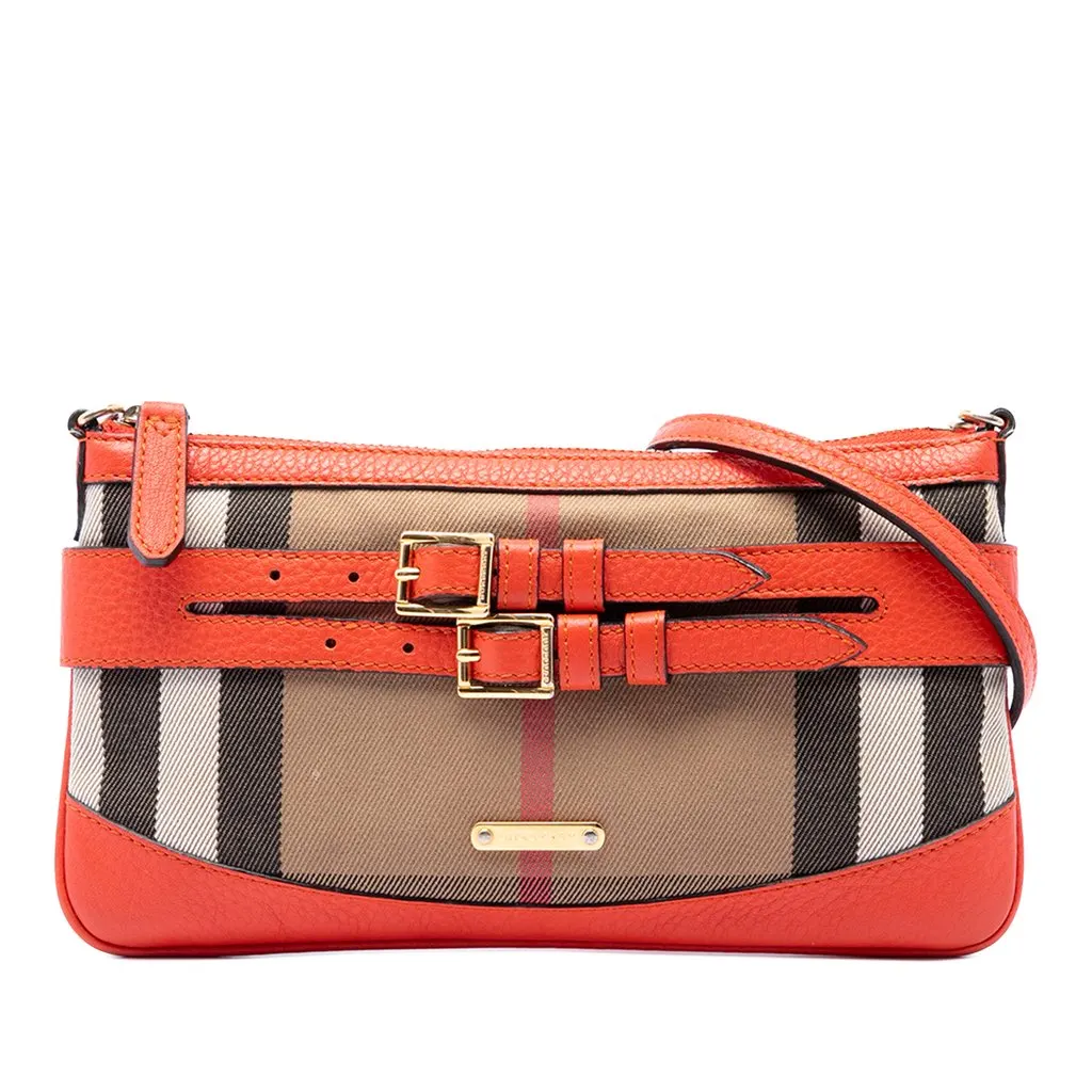 Burberry House Check Canvas and Leather Bridle Peyton Crossbody Brown Canvas Good - Front View