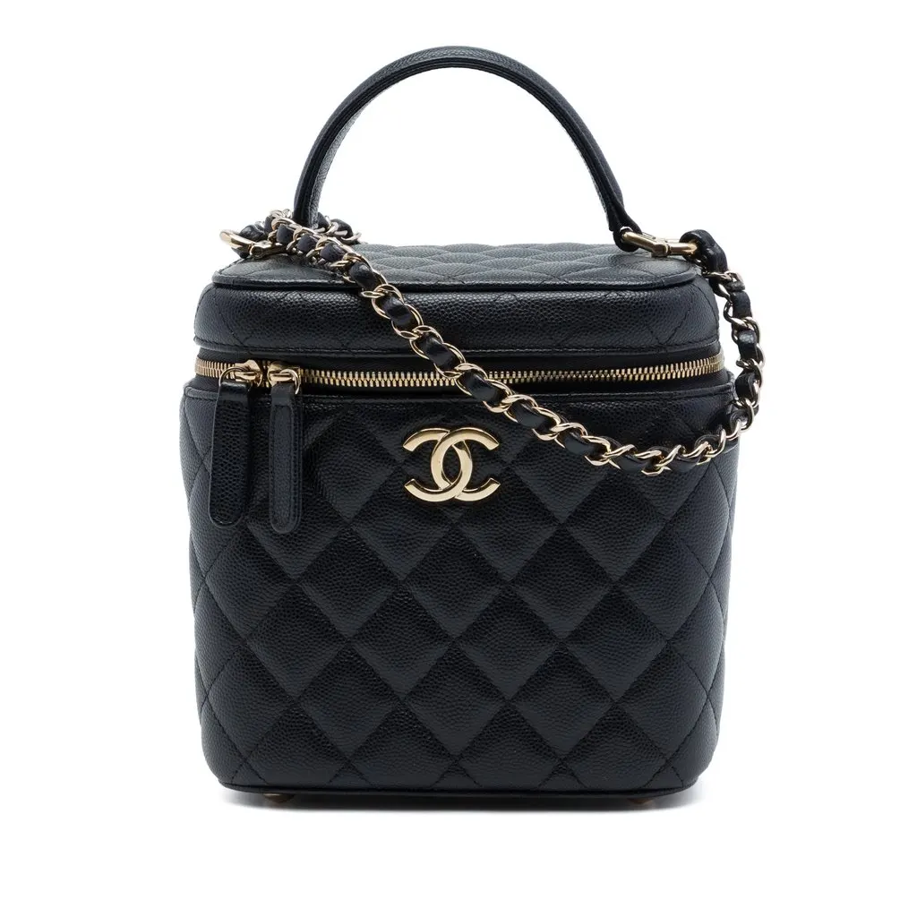 Chanel CC Quilted Caviar Top Handle Vanity Case with Chain Black Leather Very good - Front View