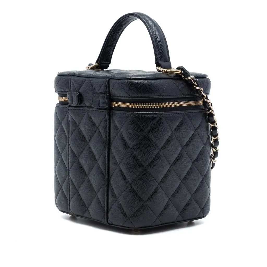 Chanel CC Quilted Caviar Top Handle Vanity Case with Chain Black Leather Very good - Back View