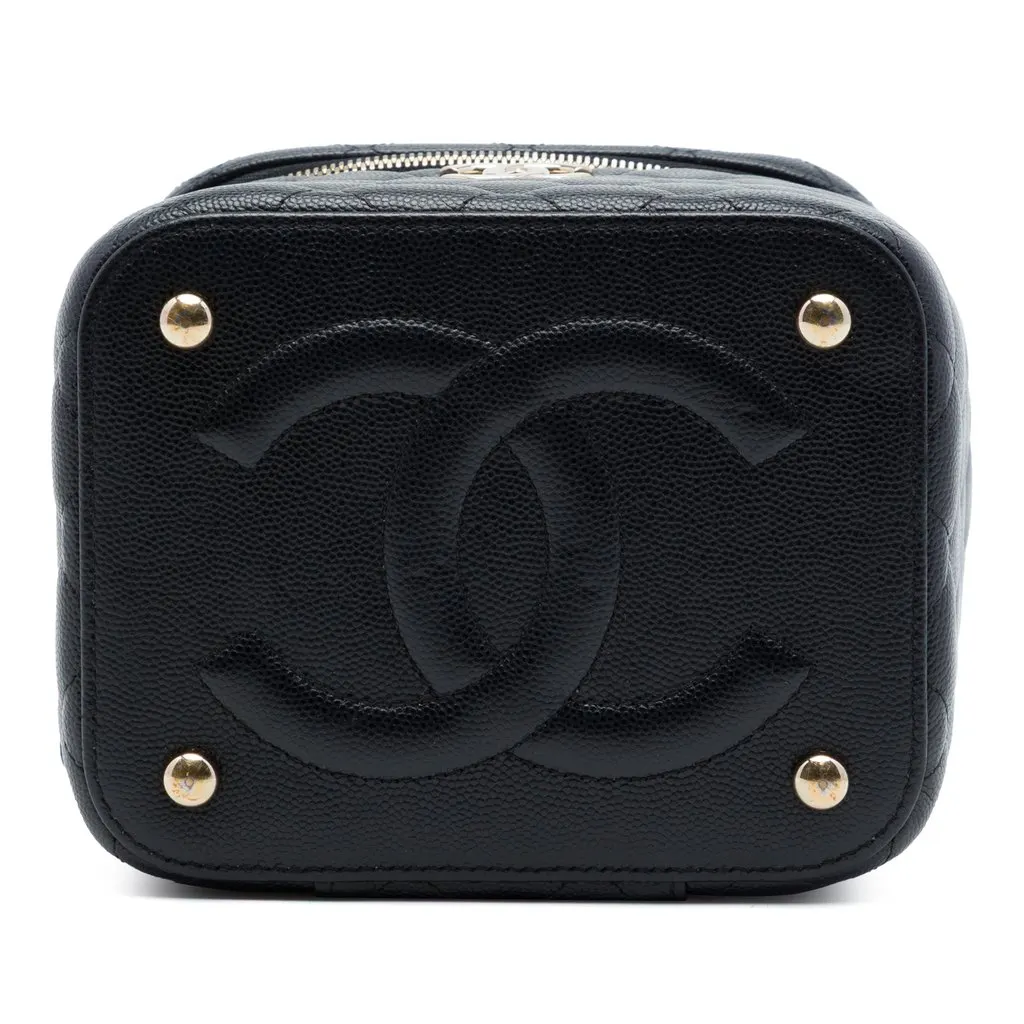 Chanel CC Quilted Caviar Top Handle Vanity Case with Chain Black Leather Very good - Inside View