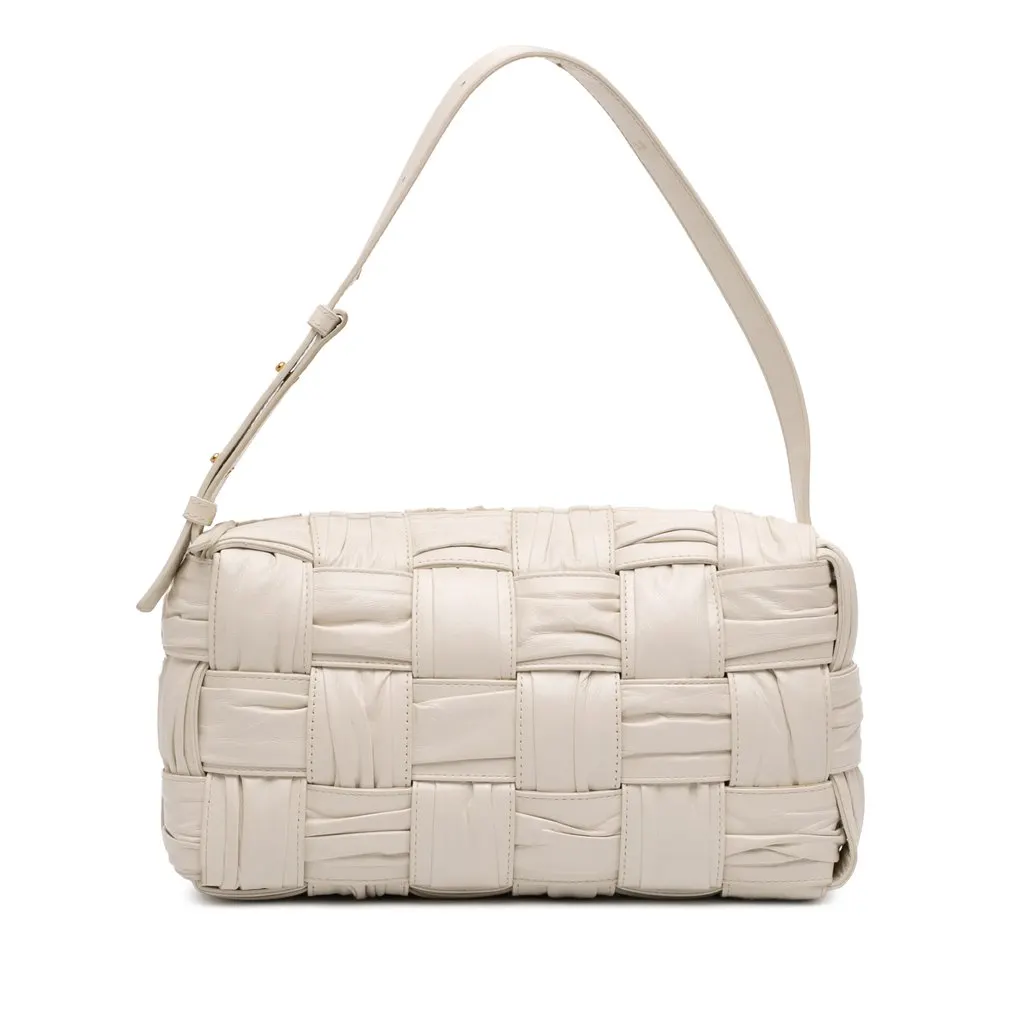 Bottega Veneta Calfskin Intreccio Plisse Cassette Shoulder Bag White Leather Very good - Front View