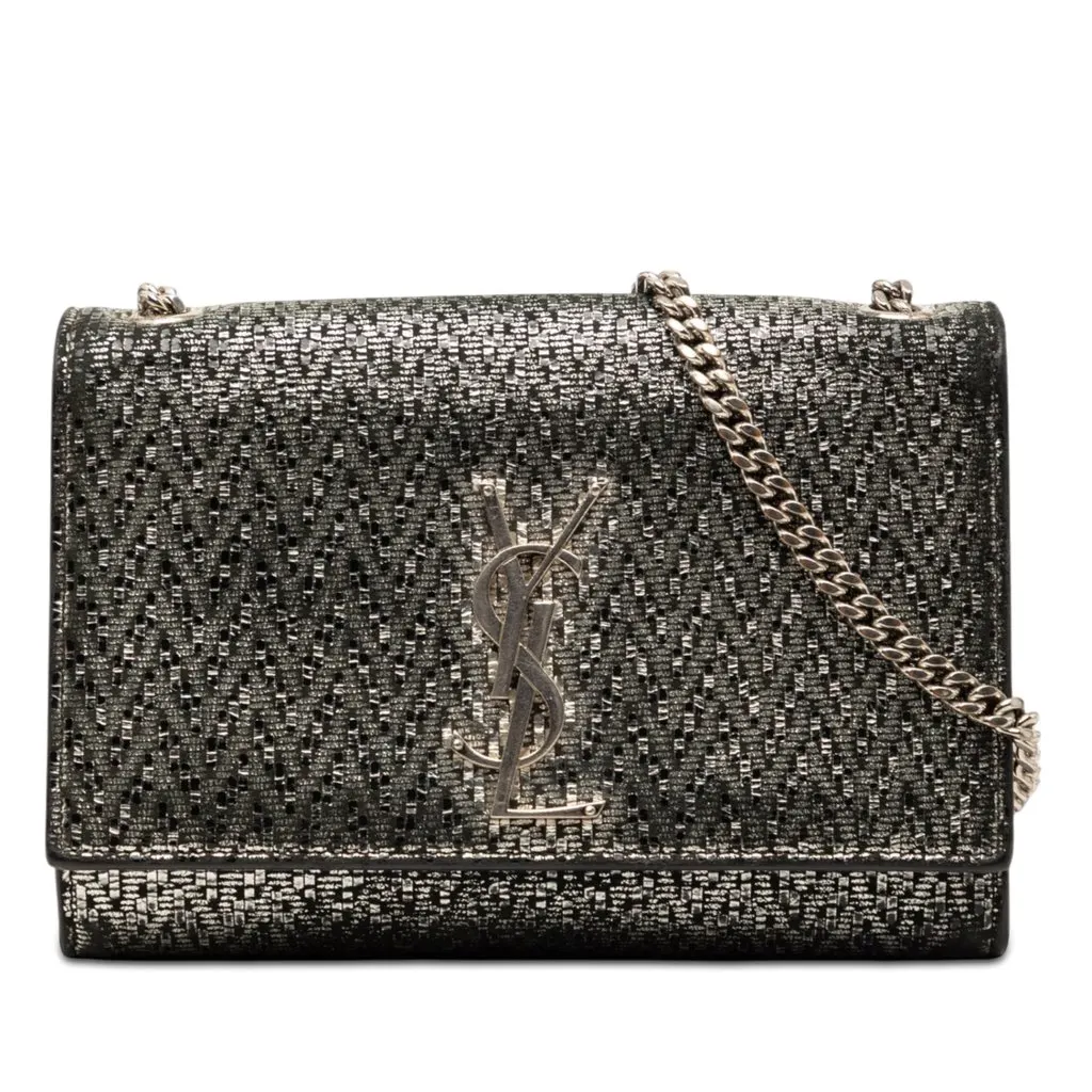Saint Laurent Small Metallic Chevron Calfskin Monogram Kate Crossbody Silver Leather Very good - Front View