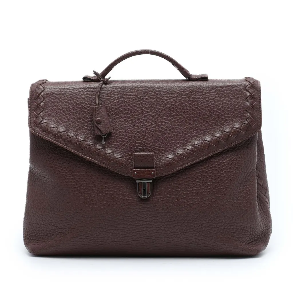 Bottega Veneta Intrecciato Trimmed Leather Business Bag Red Leather Very good - Front View