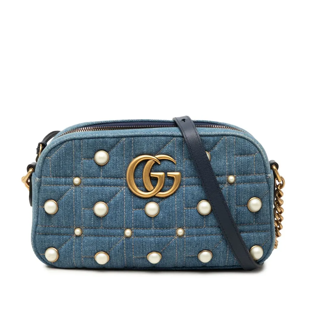 Gucci Small GG Marmont Pearl Studded Denim Crossbody Blue Very good - Front View