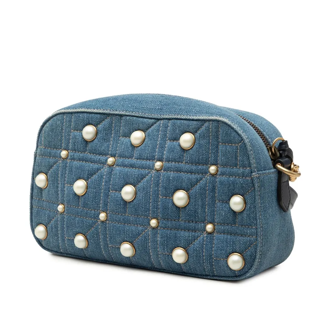 Gucci Small GG Marmont Pearl Studded Denim Crossbody Blue Very good - Back View
