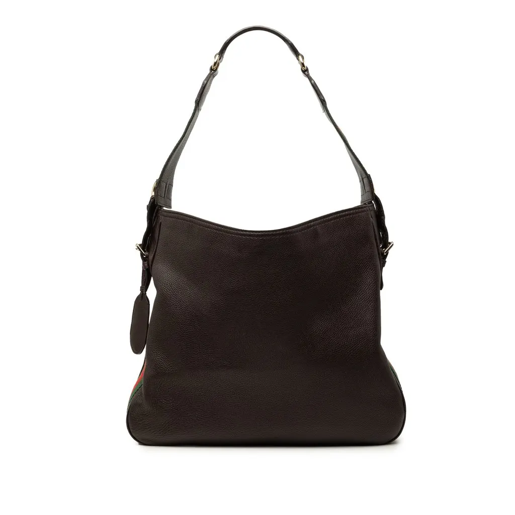 Gucci Medium Pebbled Calfskin Web Heritage Shoulder Bag Brown Leather Very good - Front View