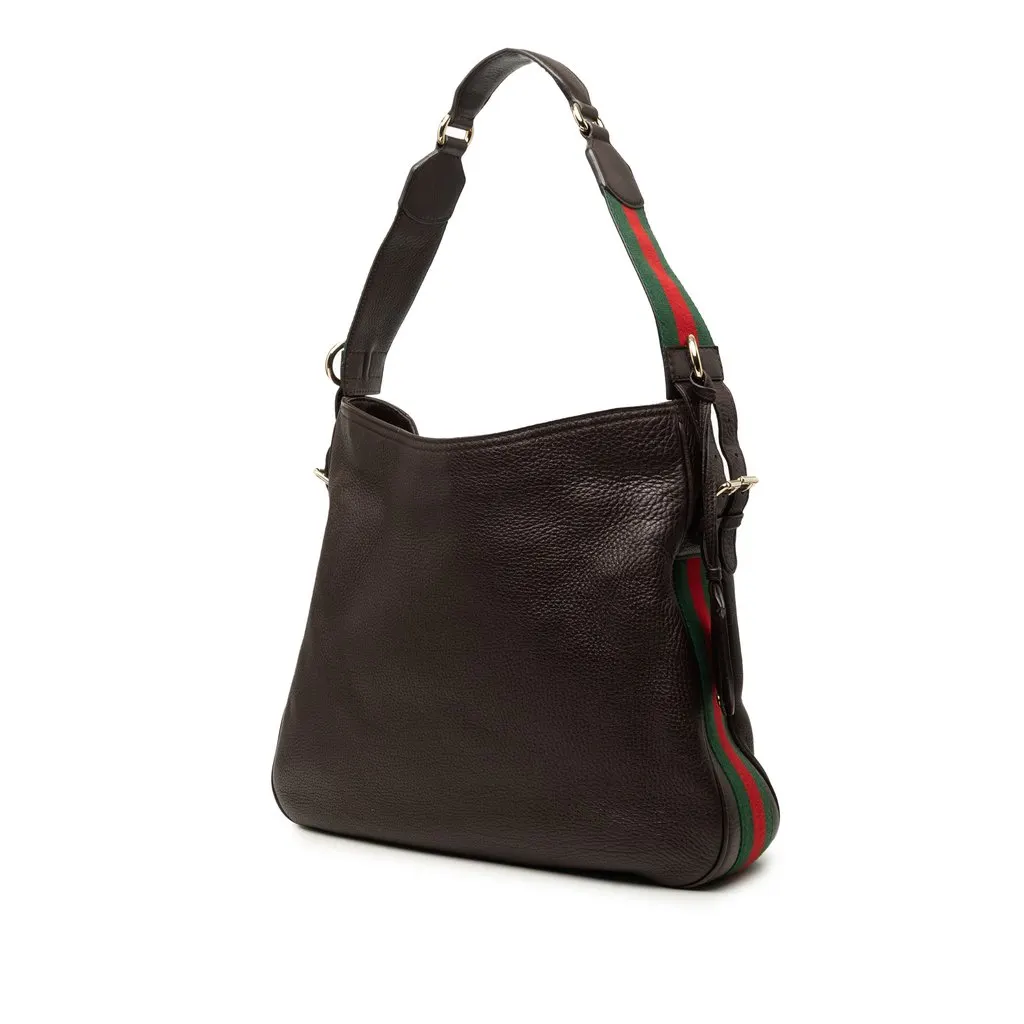 Gucci Medium Pebbled Calfskin Web Heritage Shoulder Bag Brown Leather Very good - Back View