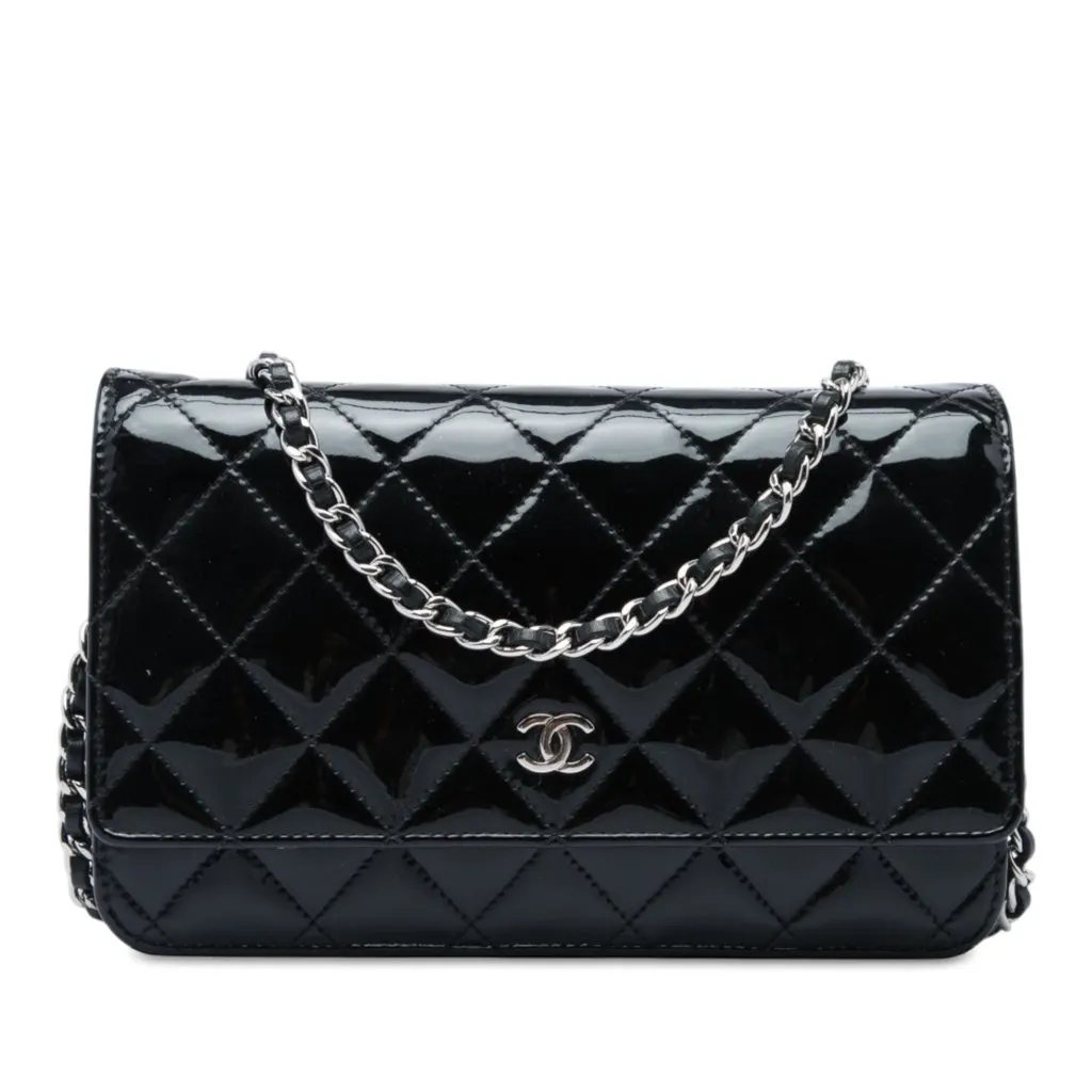 Chanel CC Quilted Patent Wallet On Chain Black Leather Very good - Front View