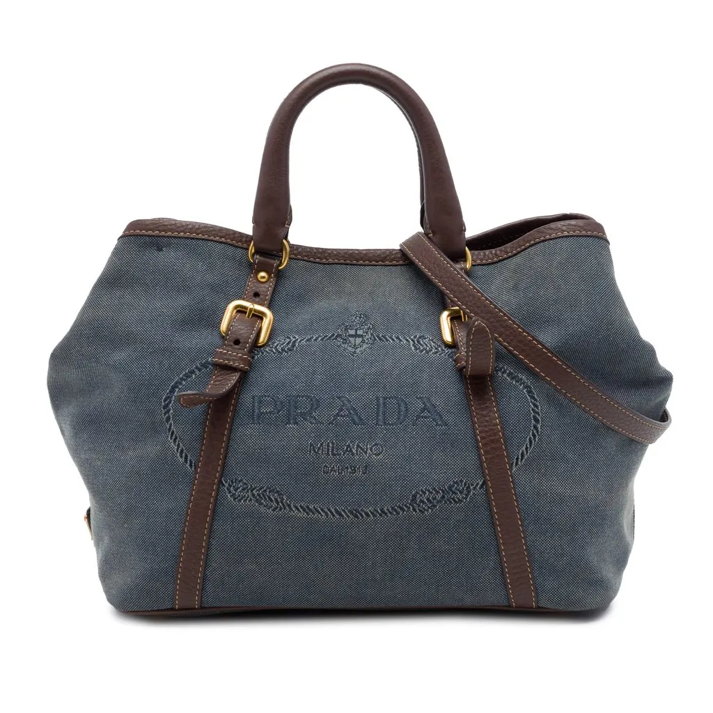 Prada Vitello Daino Trimmed Canvas Canapa Logo Satchel Blue Very good - Front View