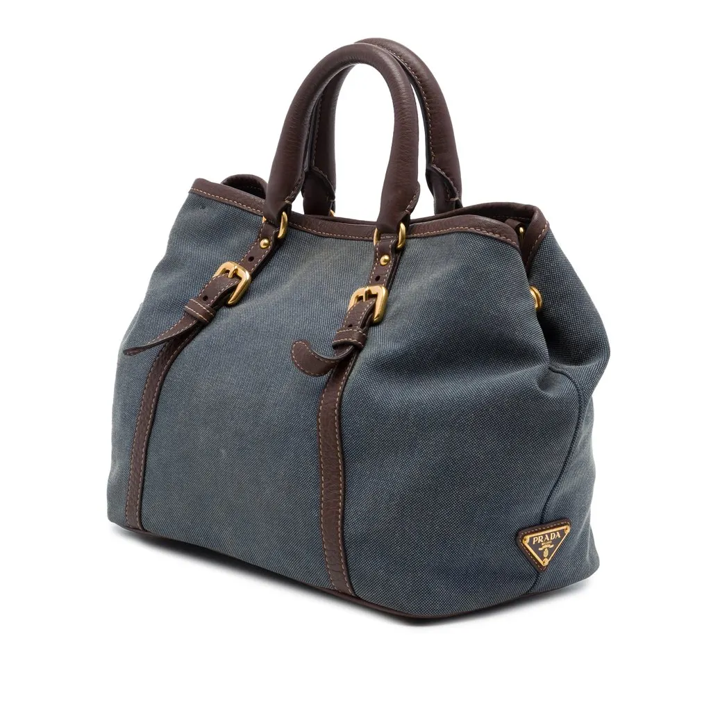 Prada Vitello Daino Trimmed Canvas Canapa Logo Satchel Blue Very good - Back View