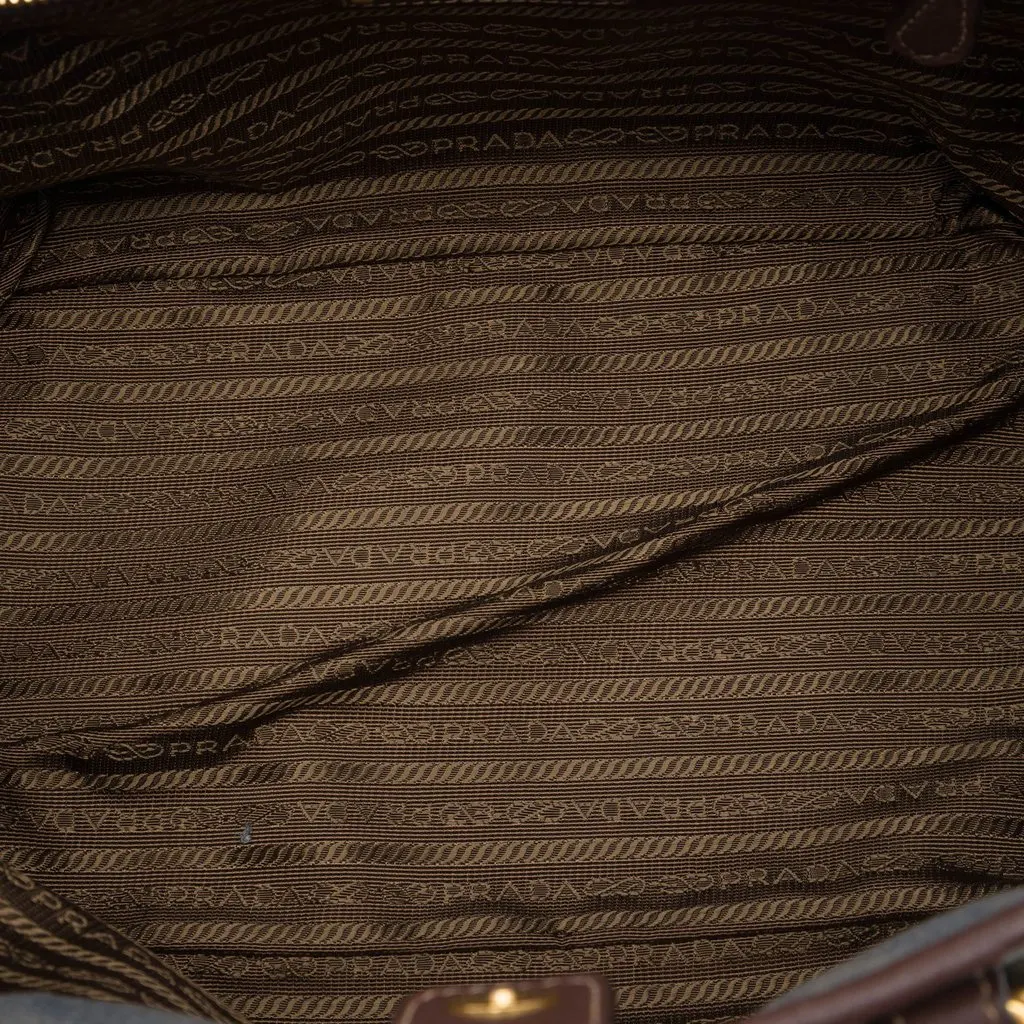 Prada Vitello Daino Trimmed Canvas Canapa Logo Satchel Blue Very good - Model View