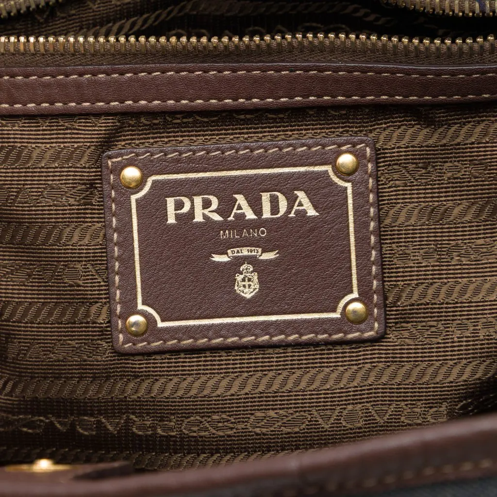 Prada Vitello Daino Trimmed Canvas Canapa Logo Satchel Blue Very good - Box View