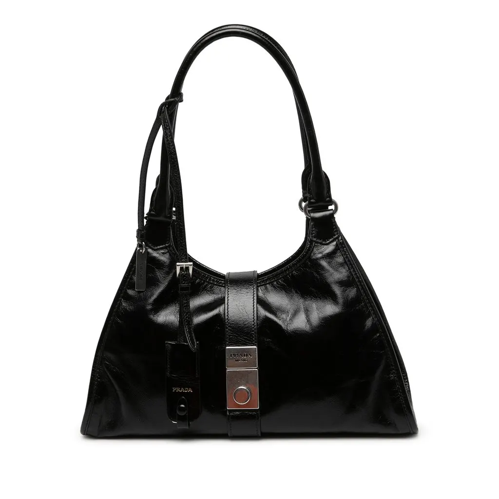 Prada Medium Glossy Calfskin Shoulder Bag Black Leather Very good - Front View