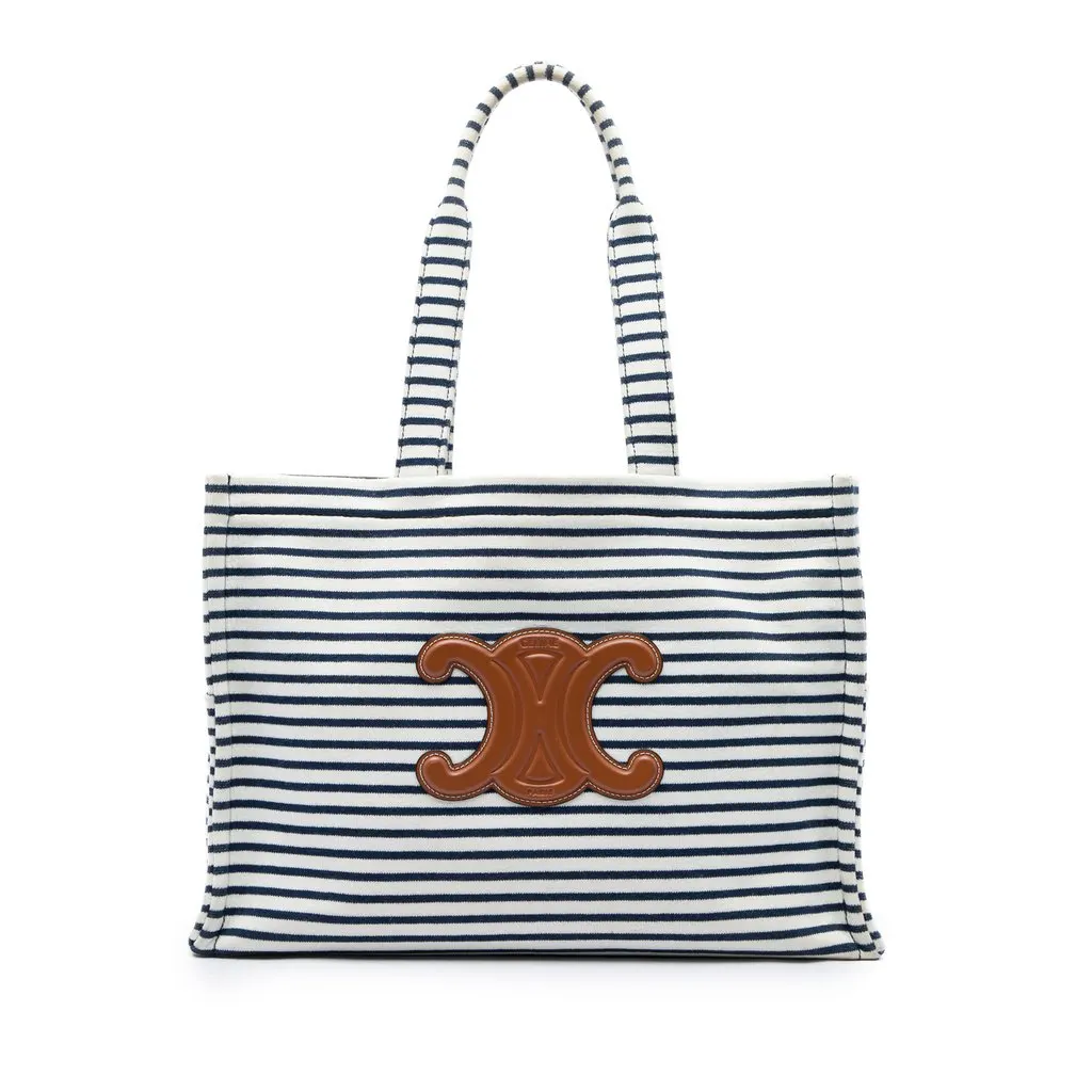 Celine Large Canvas Triomphe Striped Cabas Thais Tote White Canvas Very good - Front View